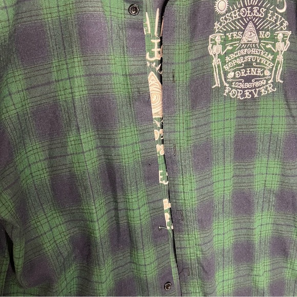 A**Holes Live Forever Green Blue Plaid Long Sleeve Mens Embroidered Shirt XXXL - Picture 5 of 10